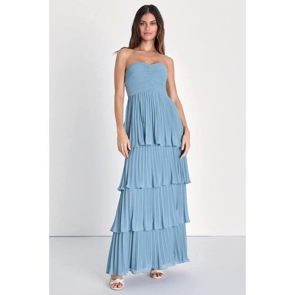 Lulus Seriously Sensational Light Blue Strapless Tiered Maxi Dress - Size L